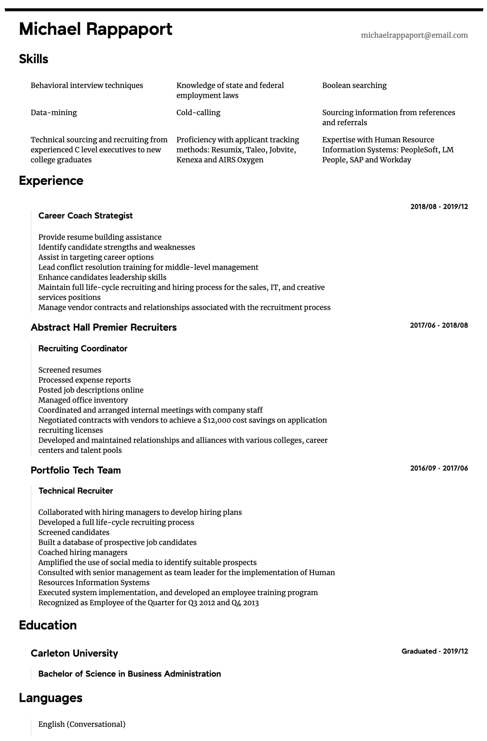 Sample Resume for Hr Recruiter Position Recruiter Resume Samples All Experience Levels Resume.com …