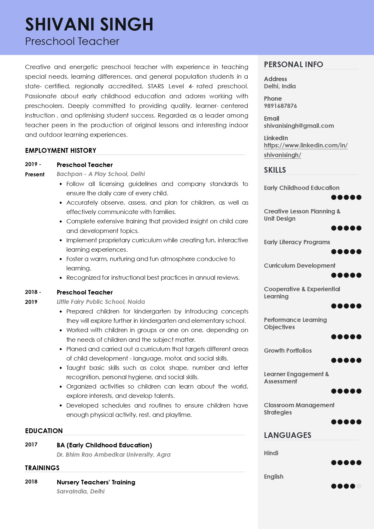 Sample Resume for Nursery School Teacher In India Sample Resume Of Preschool Teacher with Template & Writing Guide …