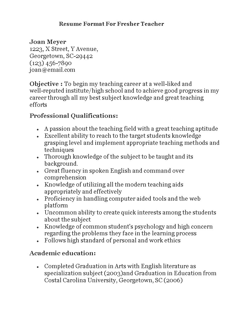 Sample Resume for Preschool Teacher Fresher Fresher Teacher Resume format
