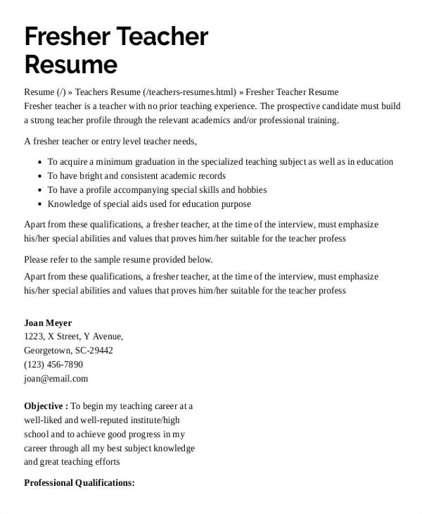 Sample Resume for Preschool Teacher Fresher Resume format for Kindergarten Teacher Fresher
