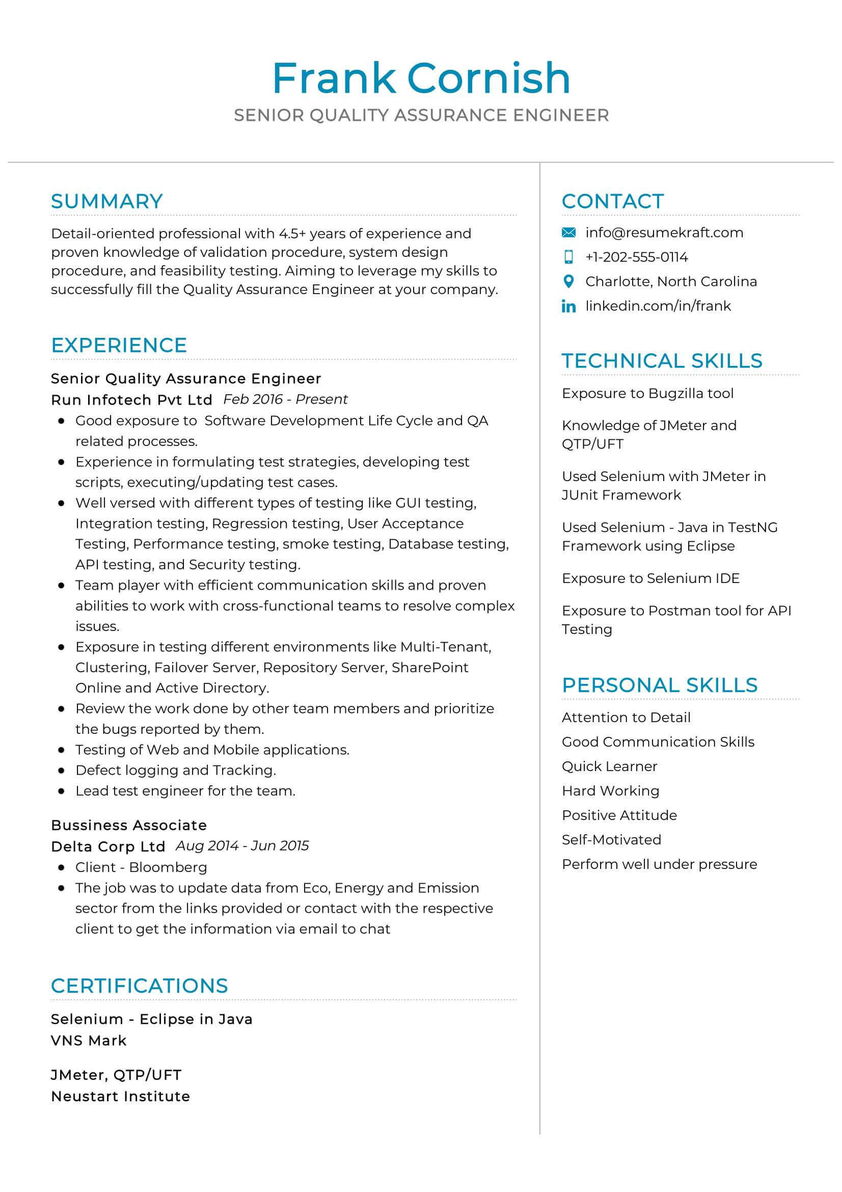 Sample Resume for Quality assurance Senior Specialist Senior Quality assurance Engineer Resume 2022 Writing Tips …