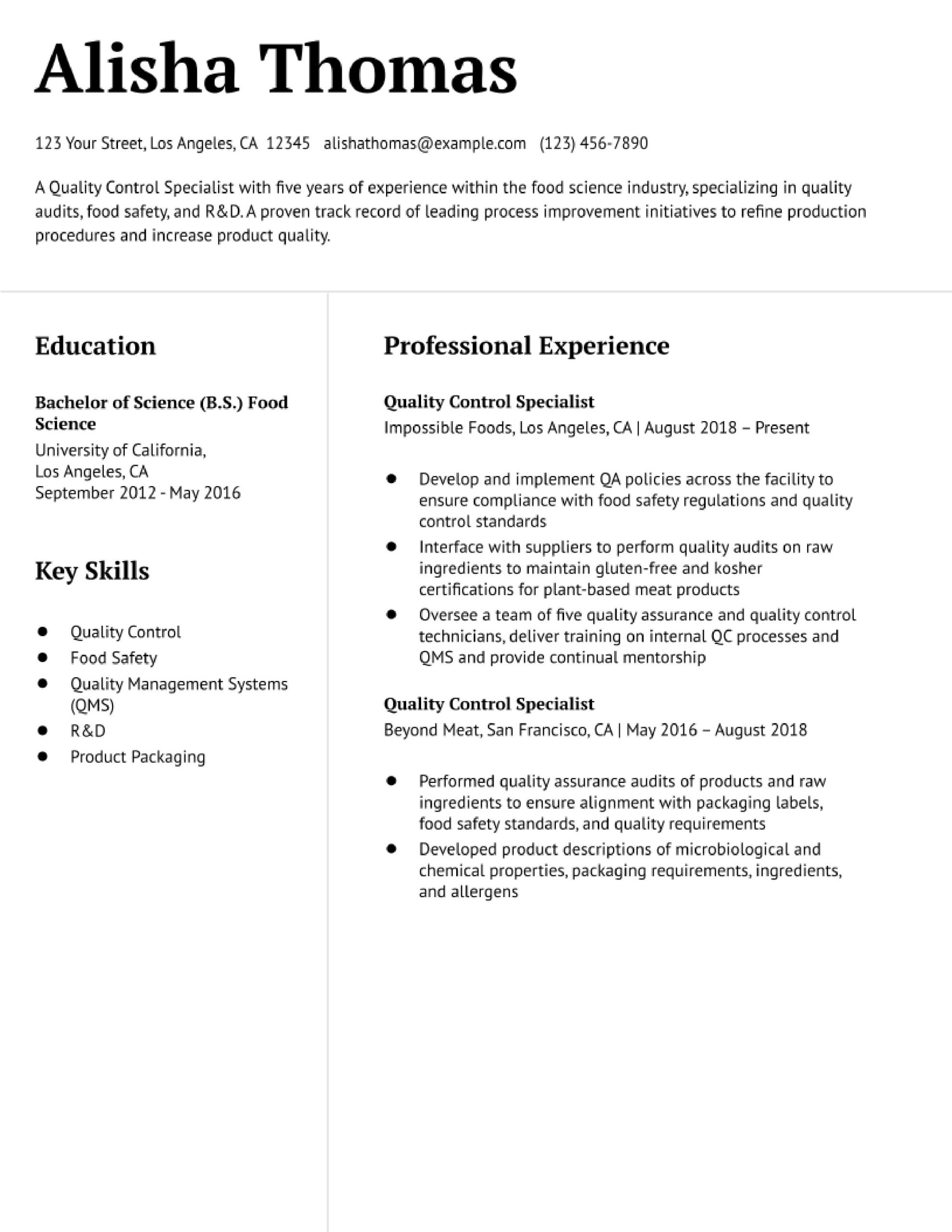 Sample Resume for Quality Control Chemist Quality Control Resume Examples In 2022 – Resumebuilder.com
