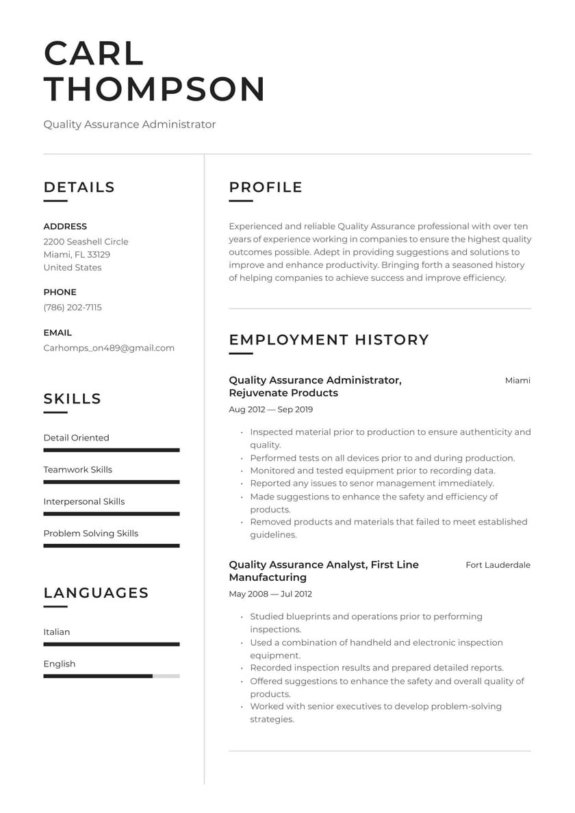Sample Resume for Quality Control Position Quality assurance Resume Example & Writing Guide Â· Resume.io