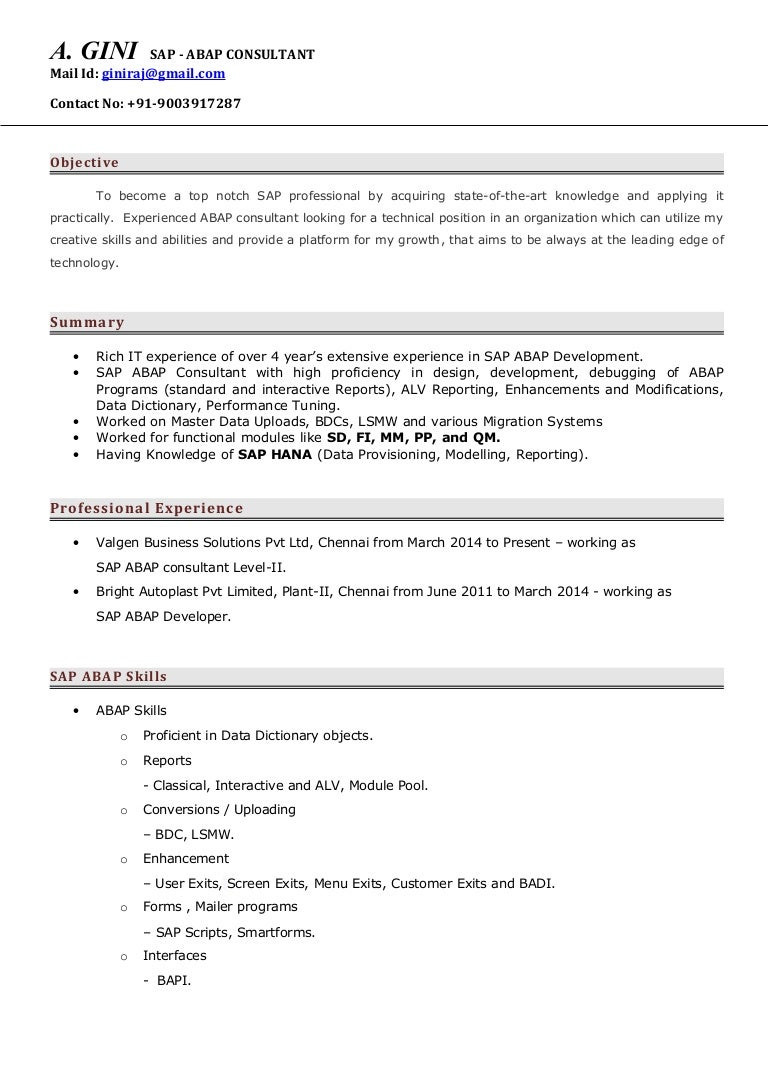 Sample Resume for Sap Hr Fresher Sap Abap Consultant Cv