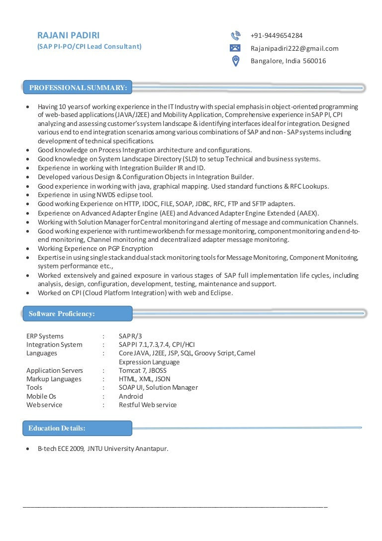 Sample Resume for Sap Successfactors Consultant Resume Rajani Sap Pi-po-cpi-hci_10_years_exp_v1