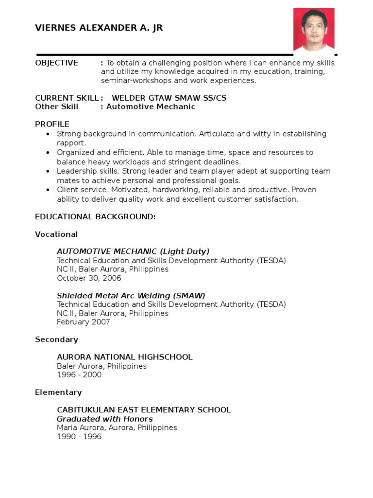 Sample Resume for Smaw Welder Position Resume – Viernes Pdf Welding Construction