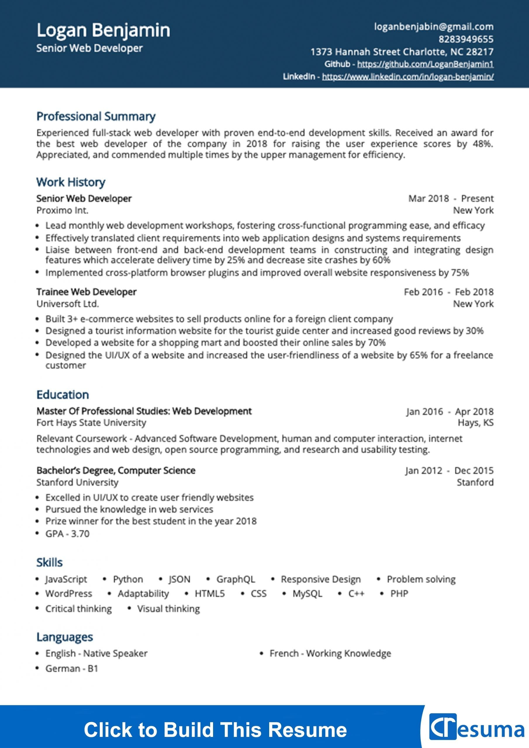 Sample Resume for Web Developer College Graduate Web Developer Resume Example 2022