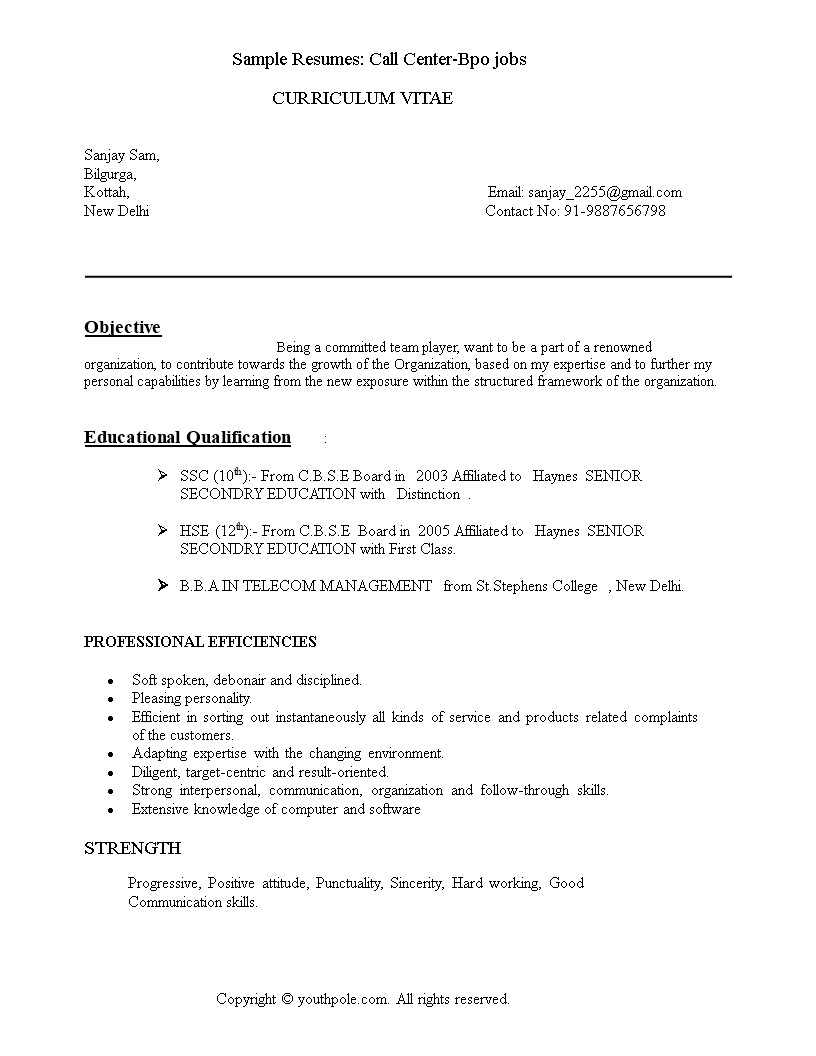 Sample Resume format for Bpo Jobs Callcenter Bpo Resume Template