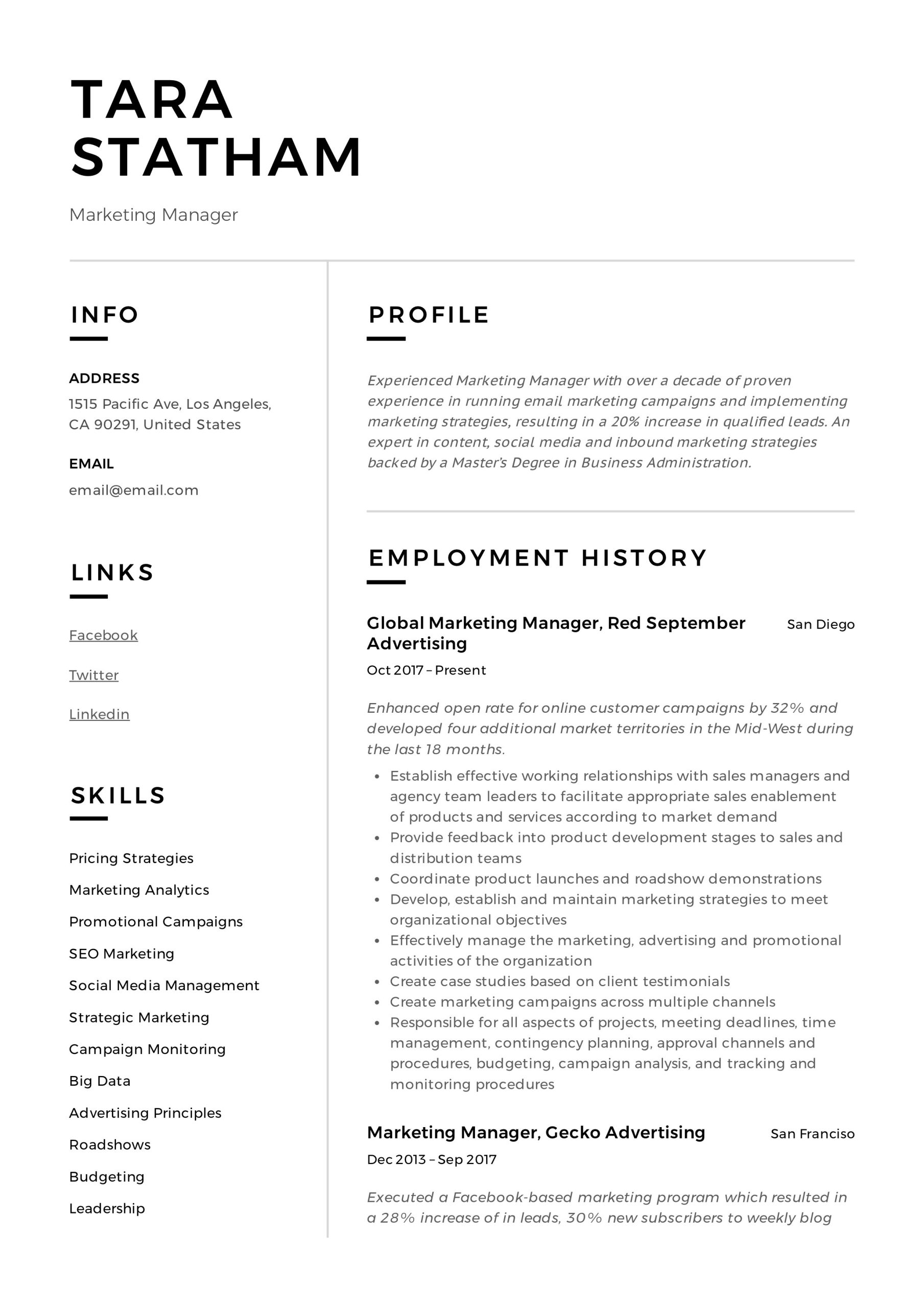Sample Resume Objectives for Marketing Coordinator Marketing Manager Resume   Writing Guide 12 Templates 2020