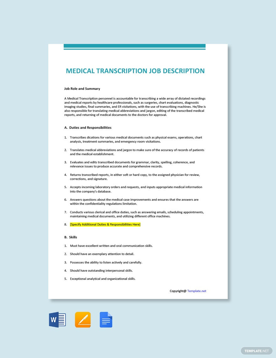 Sample Resume Objectives for Medical Transcriptionist Medical Transcription Job Description Template – Google Docs …