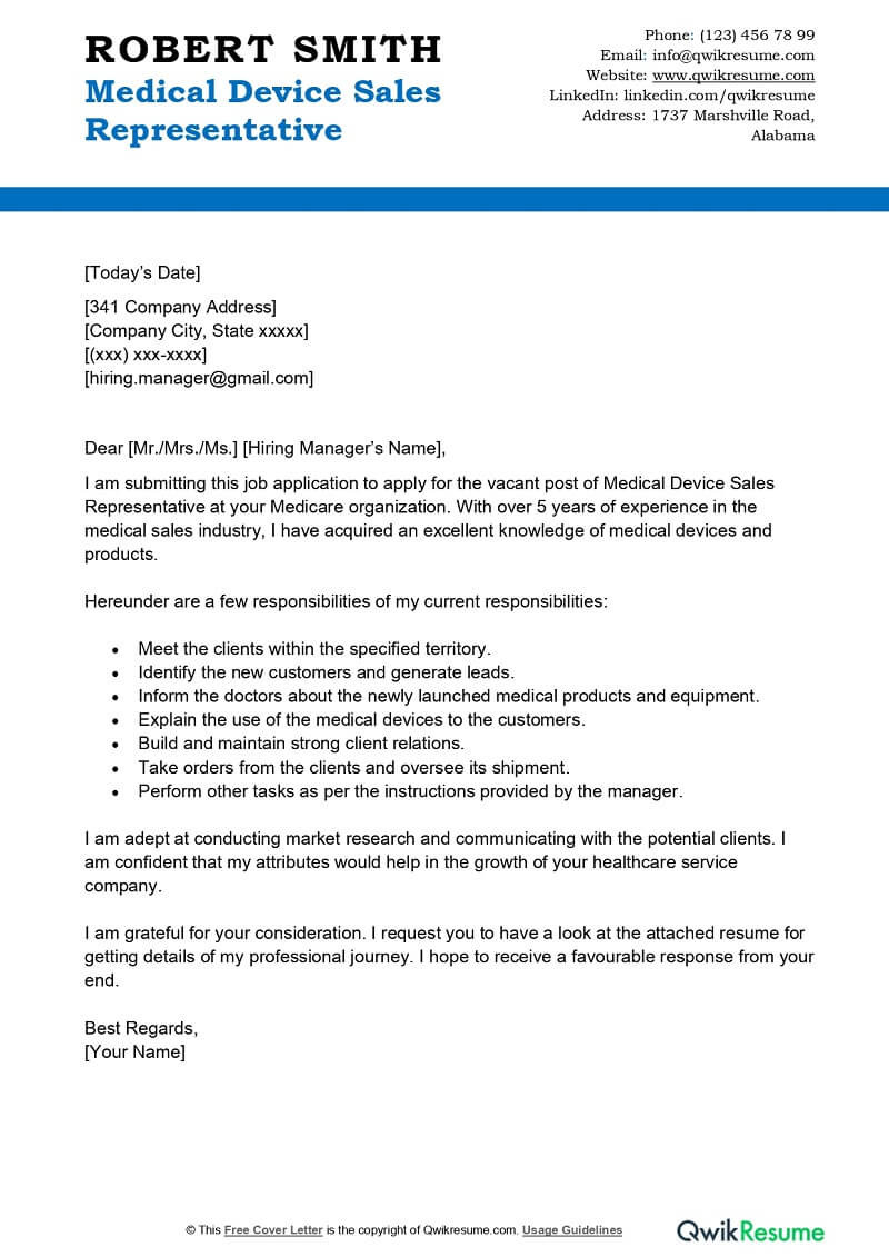 Sample Resume Of Medical Device assembly Medical Device Sales Representative Cover Letter Examples – Qwikresume