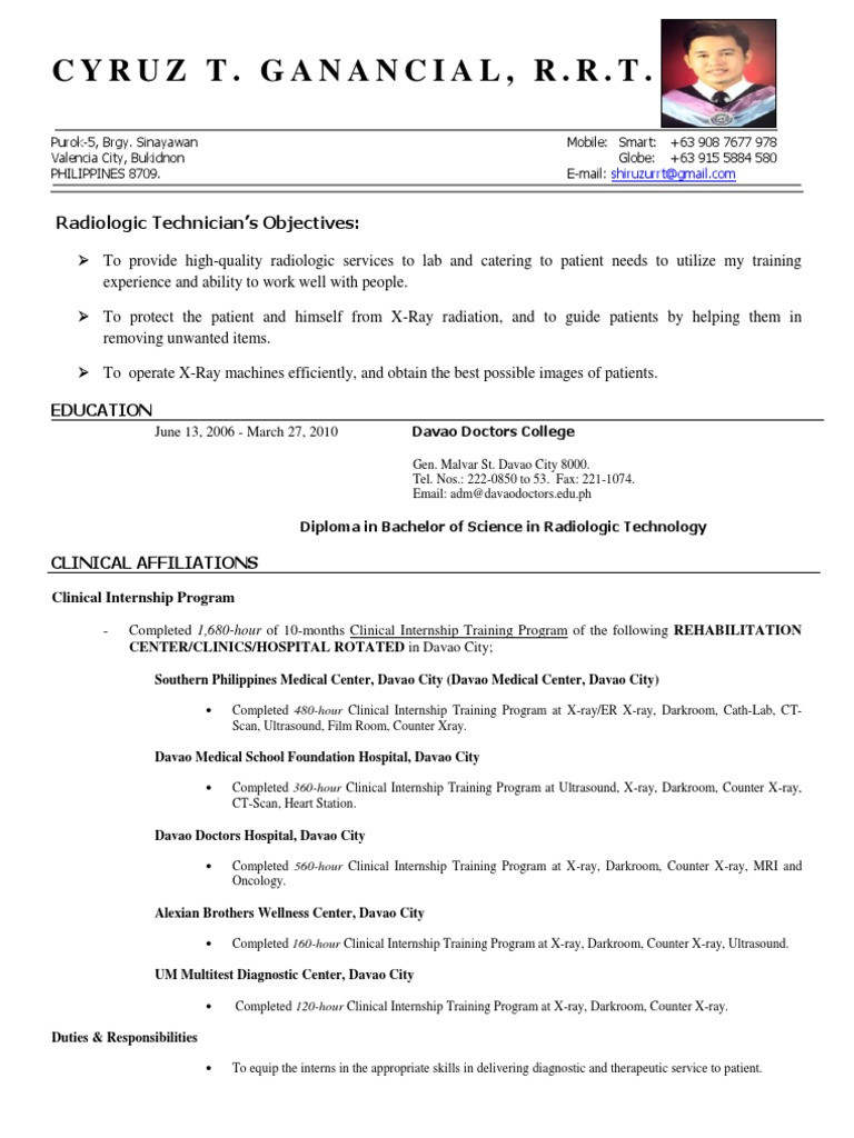 Sample Resume Of Medical Technologist Philippines Rad Tech Cv Resume Pdf Radiology Hospital