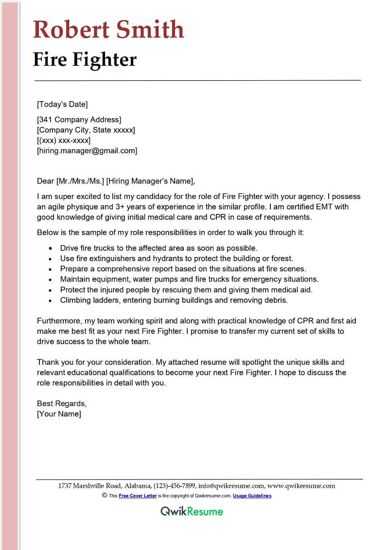 Samples Of Resume for Job as A New Fire Fighter Fire Fighter Cover Letter Examples – Qwikresume