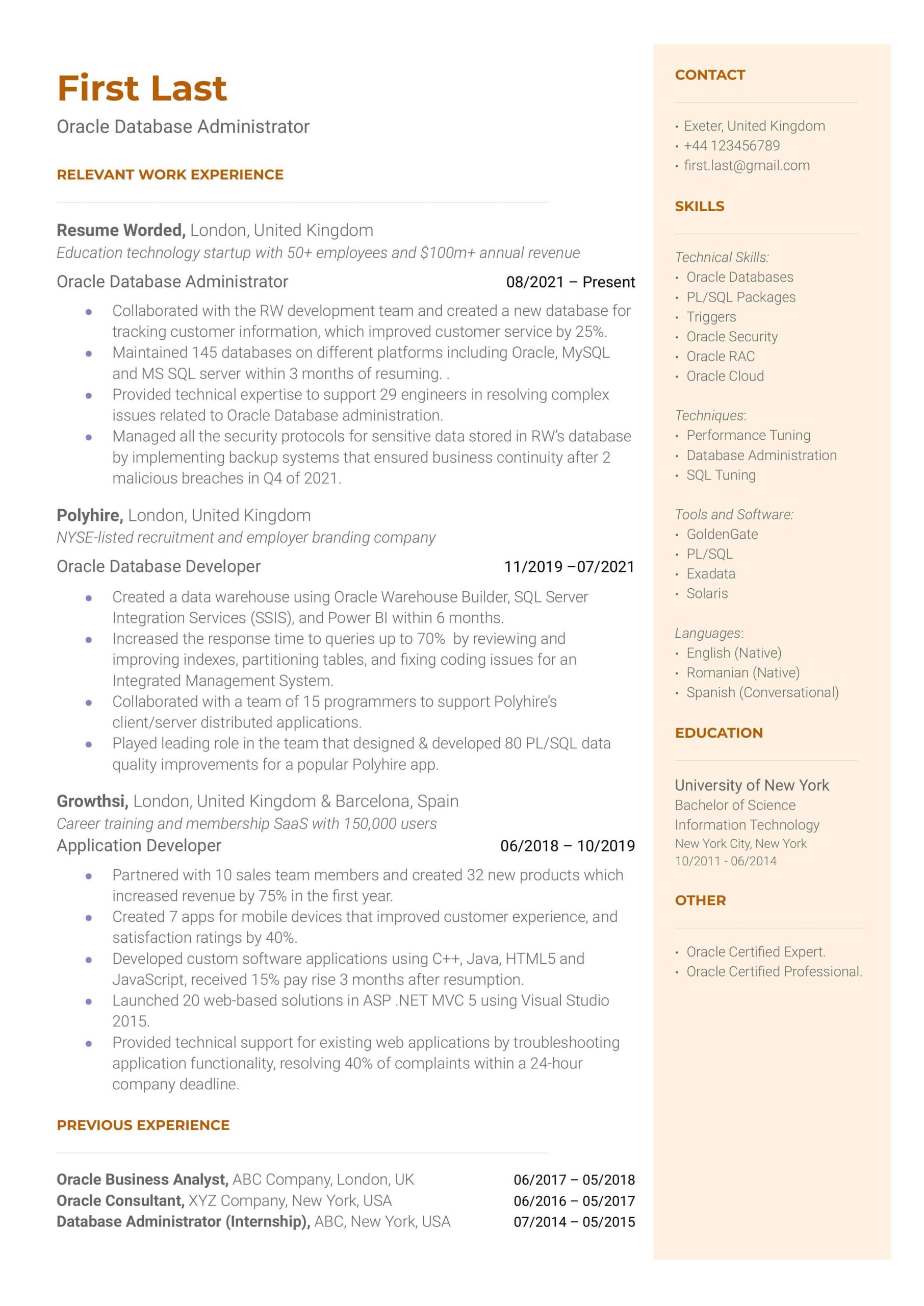 Sql Server Administrator Consultant Resume Sample oracle Database Administrator Resume Example for 2022 Resume Worded