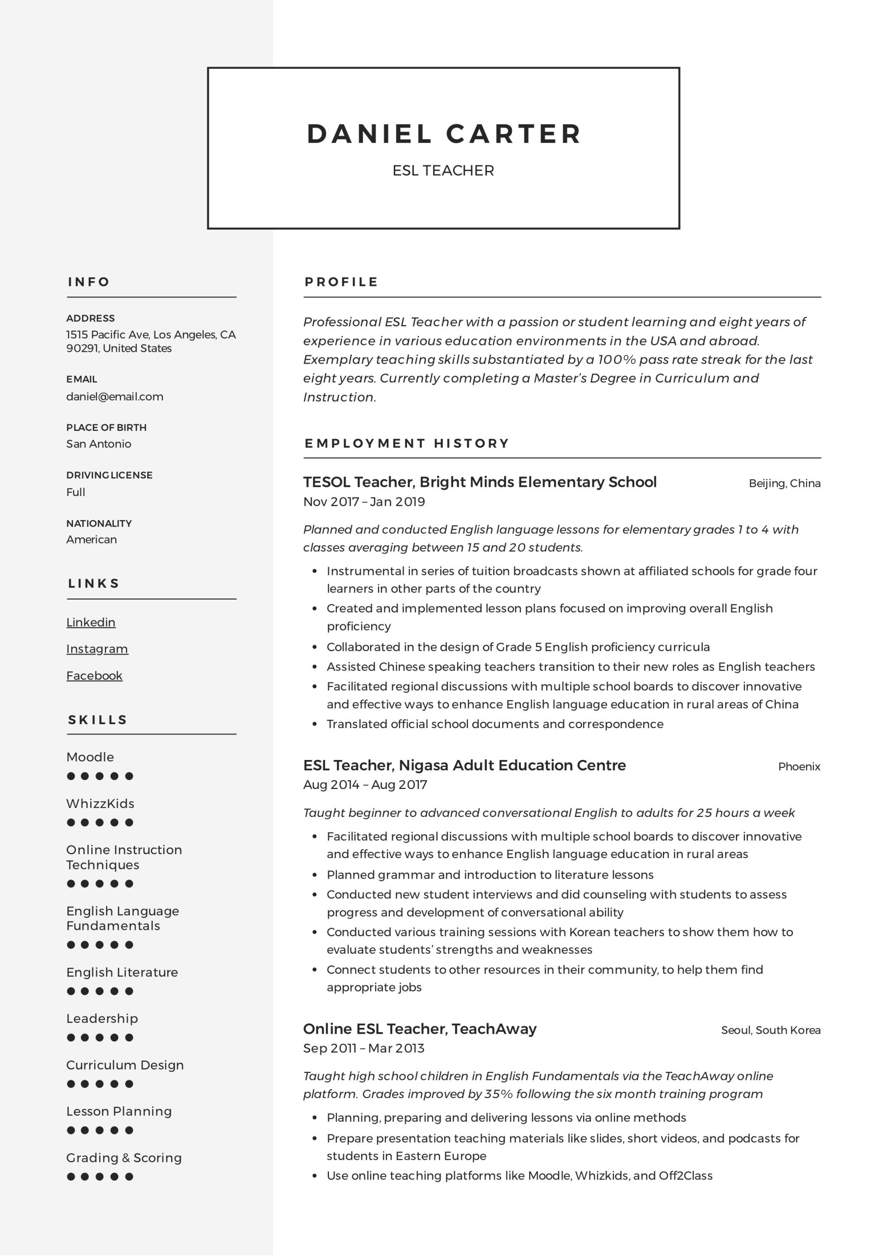 Transitioning Out Of Teaching Sample Resume 19 Esl Teacher Resume Examples & Writing Guide 2022