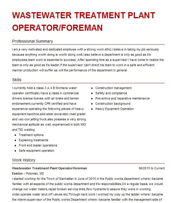 Wastewater Treatment Plant Operator Resume Sample Treatment Supervisor Wastewater Resume Example City