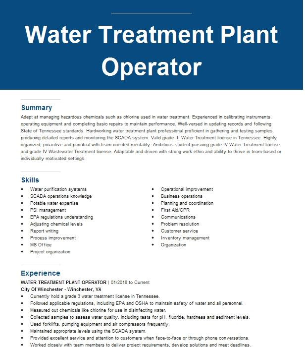 Wastewater Treatment Plant Operator Resume Sample Water Treatment Plant Operator Resume Example Benteler