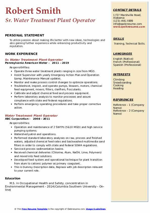 Wastewater Treatment Plant Operator Resume Sample Water Treatment Plant Operator Resume Samples Wastewater Treatment Plant Operator Resume Sample Water Treatment Plant Operator Resume Samples