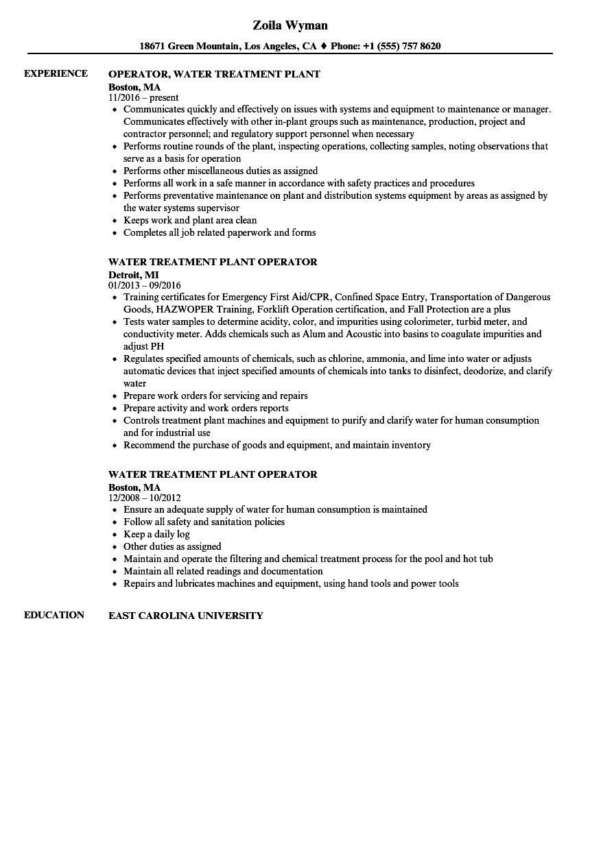 Wastewater Treatment Plant Operator Resume Sample Water Treatment Plant Operator Resume Samples
