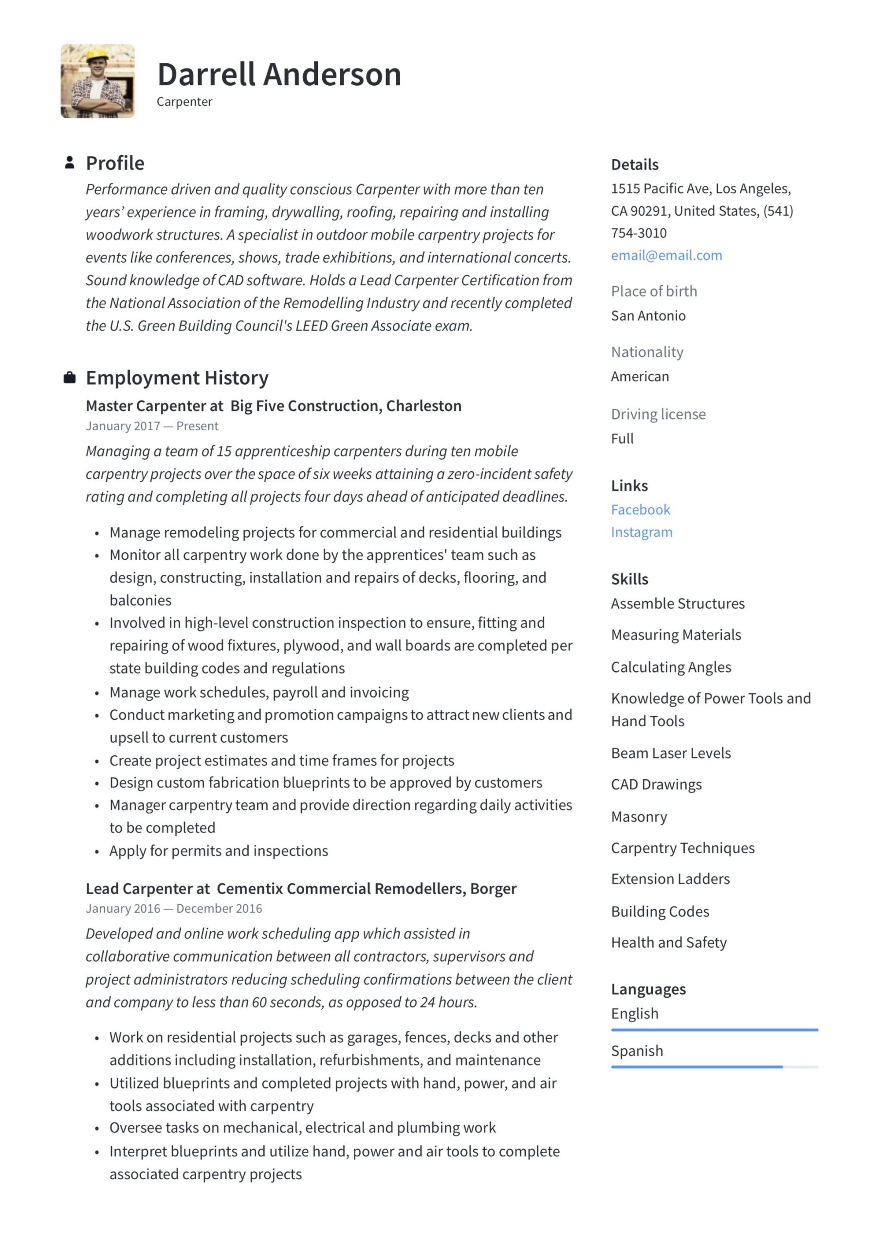 Windows and Doors Bussiness Owner Resume Sample Carpenter Resume & Writing Guide  12 Resume Examples 2022