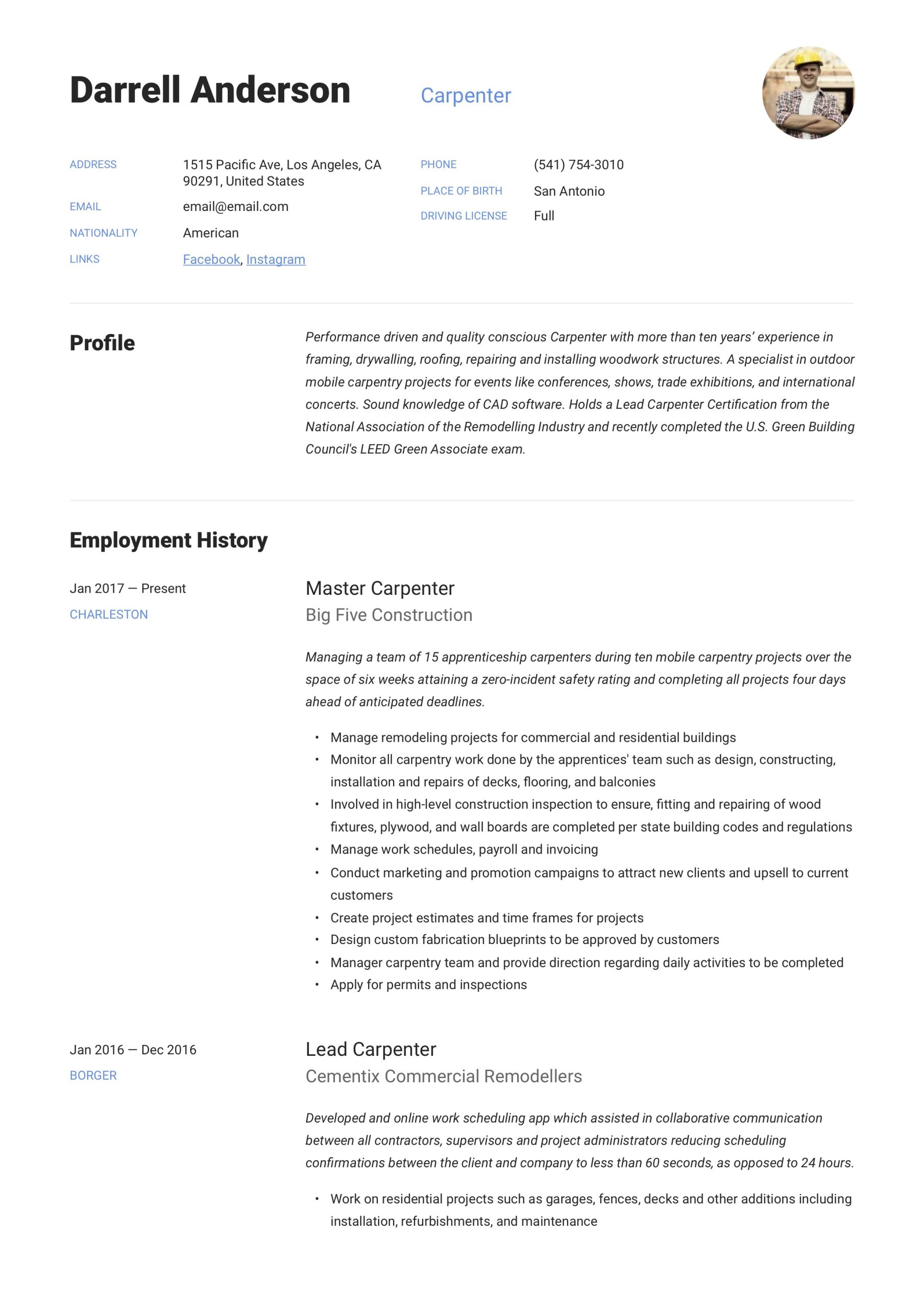 Windows and Doors Bussiness Owner Resume Sample Carpenter Resume & Writing Guide  12 Resume Examples 2022