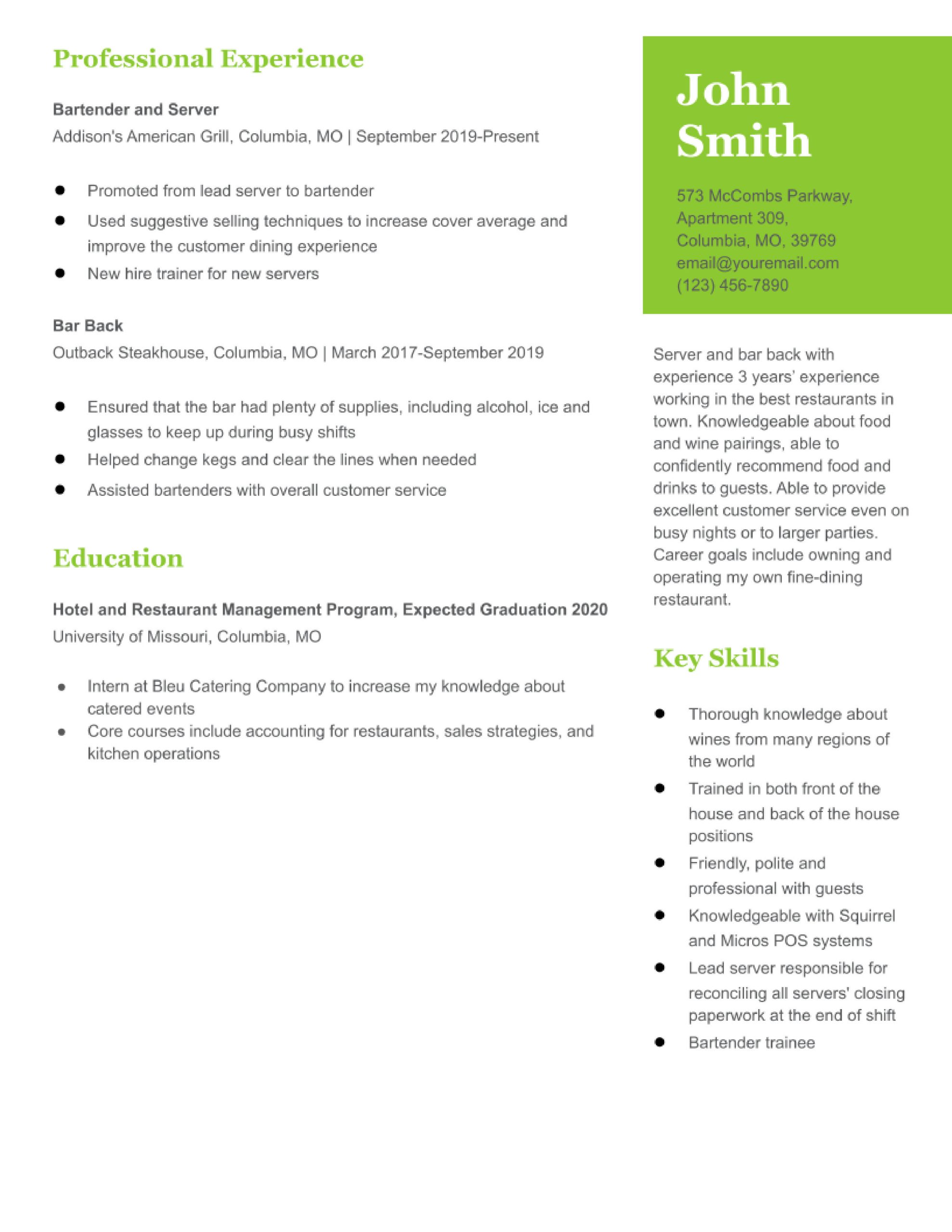 Wine Sales Resume Sample Entry Level Bartender Resume Examples In 2022 – Resumebuilder.com