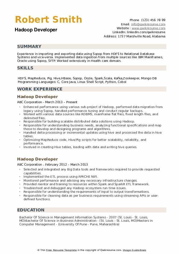 Big Data Hadoop Developer Resume Sample Hadoop Developer Resume Samples