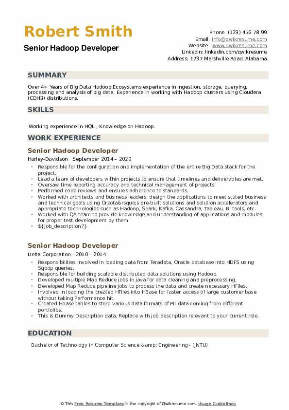 Big Data Hadoop Developer Resume Sample Senior Hadoop Developer Resume Samples