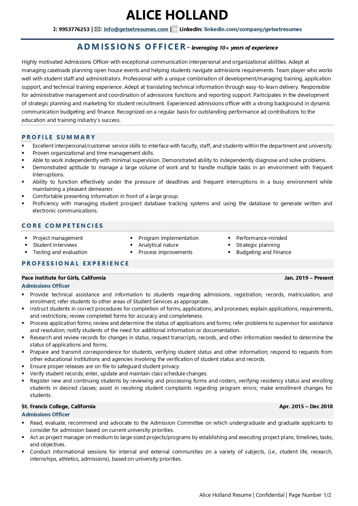 Entry Level Admission Representative Resume Sample Admissions Officer Resume Examples & Template (with Job Winning Tips)