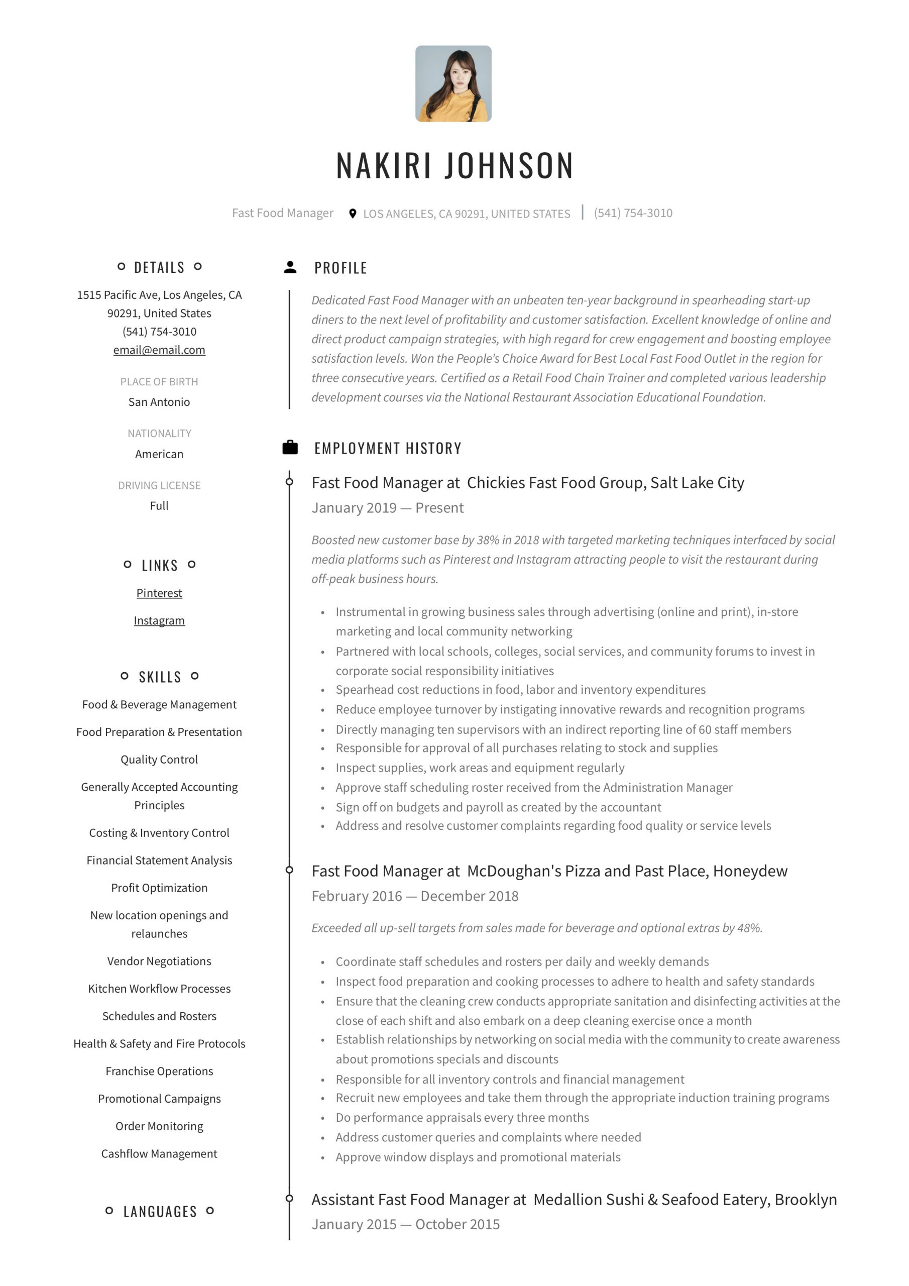 Food and Beverage Operations Manager Resume Sample Fast Food Manager Resume & Writing Guide  12 Examples 2022