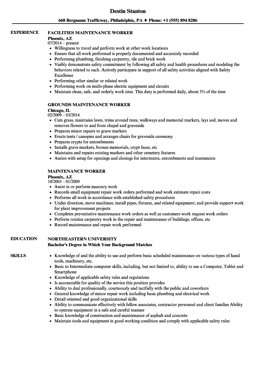Free Sample Resume for Maintenance Worker General Maintenance Worker Resume