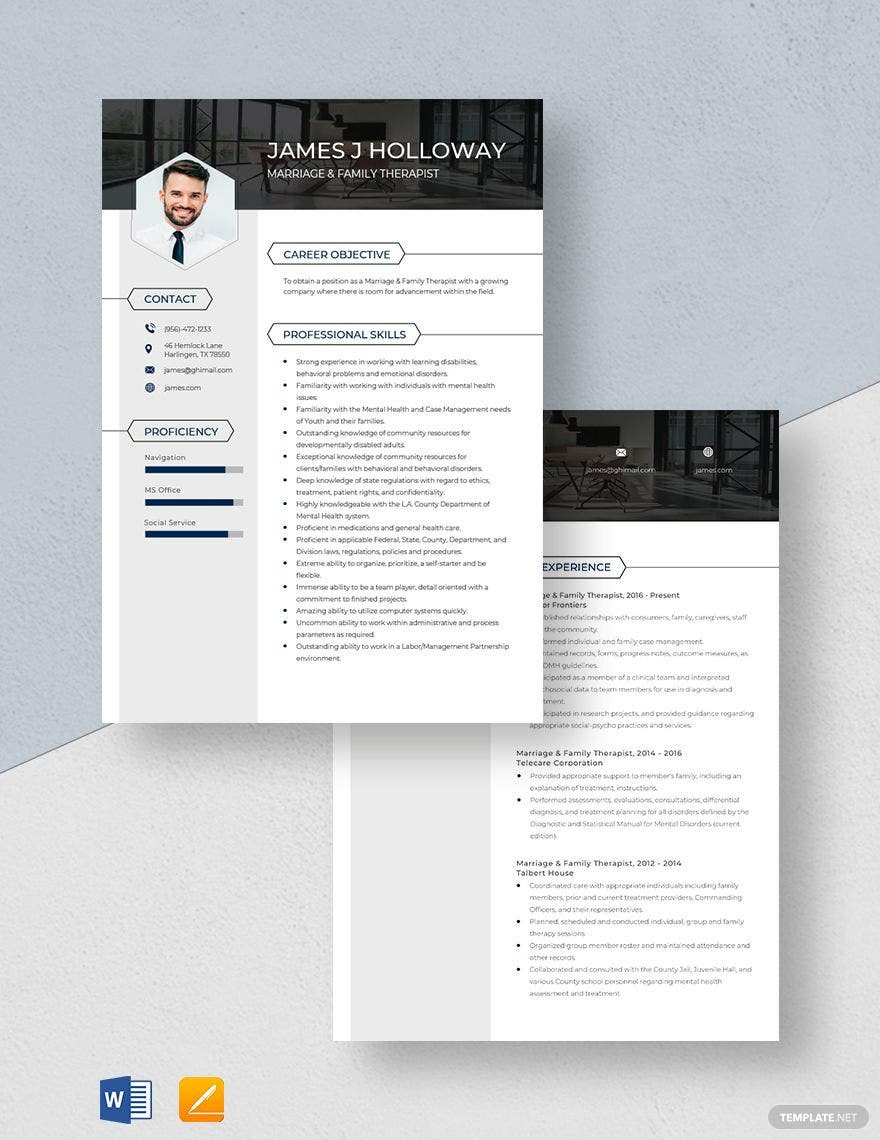 Licensed Marriage and Family therapist Resume Sample Marriage & Family therapist Resume Template – Word, Apple Pages …
