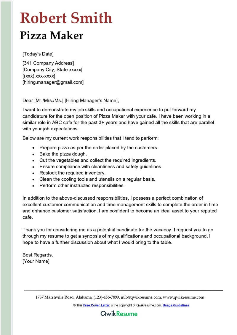 Resume Sample Of A Pizza Maker Pizza Maker Cover Letter Examples – Qwikresume