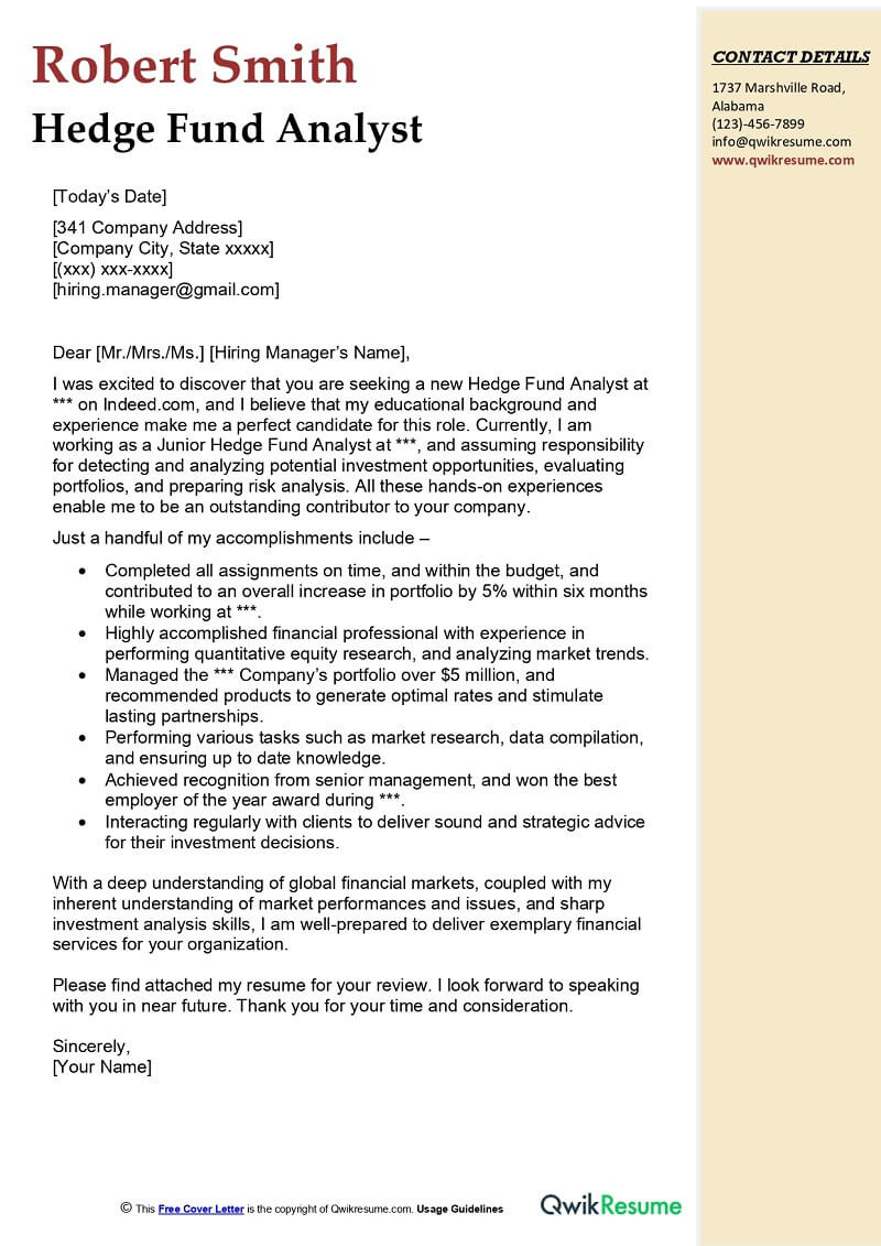 Resume Samples for Hedge Fund Operations Hedge Fund Analyst Cover Letter Examples – Qwikresume