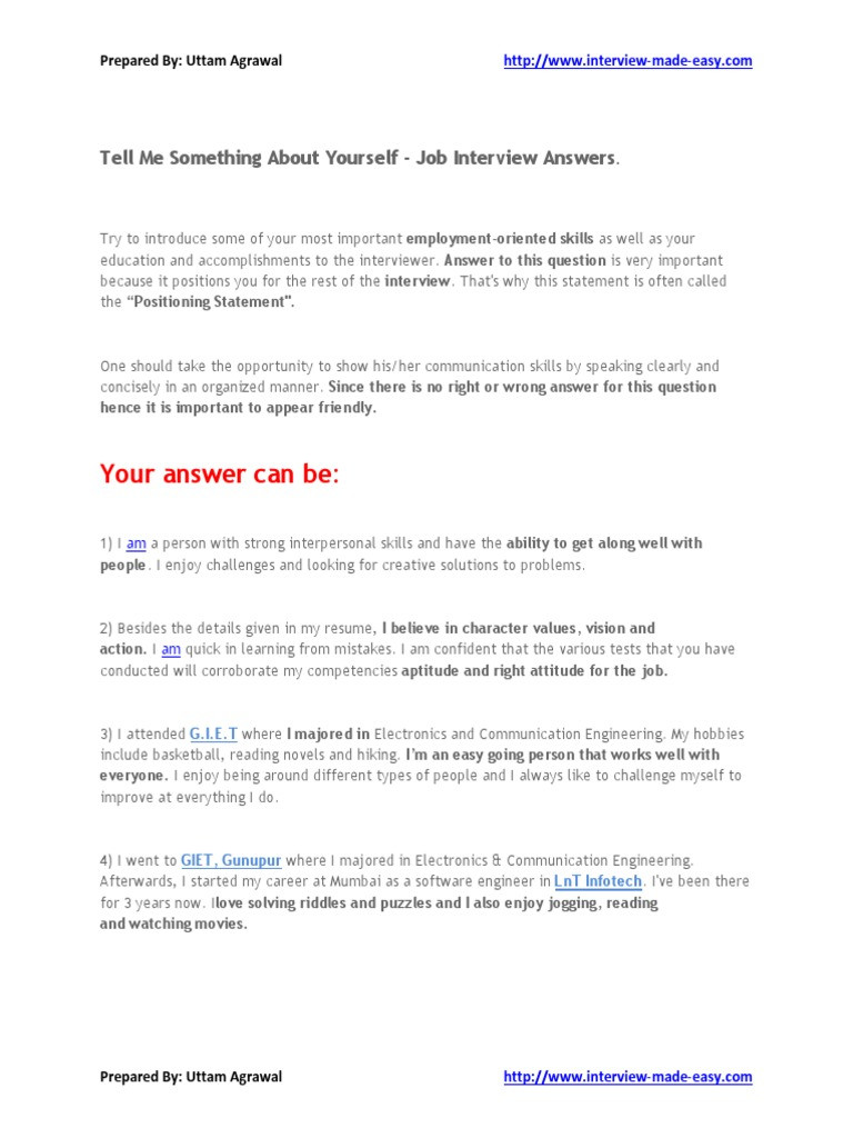 Resume Tell Us More About Yourself Sample Tell Me something About Yourself – Sample Answers. Pdf …