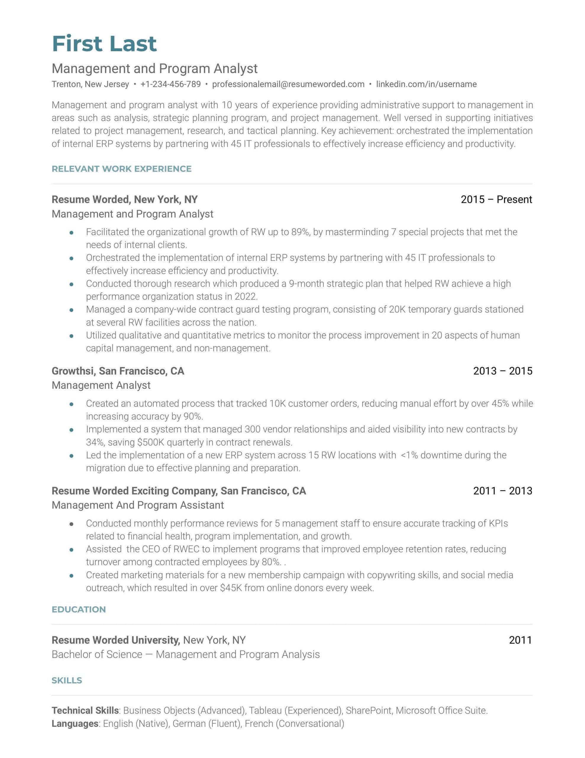 Sample Resume Federal Management and Program Analyst Management and Program Analyst Resume Example for 2022 Resume Worded