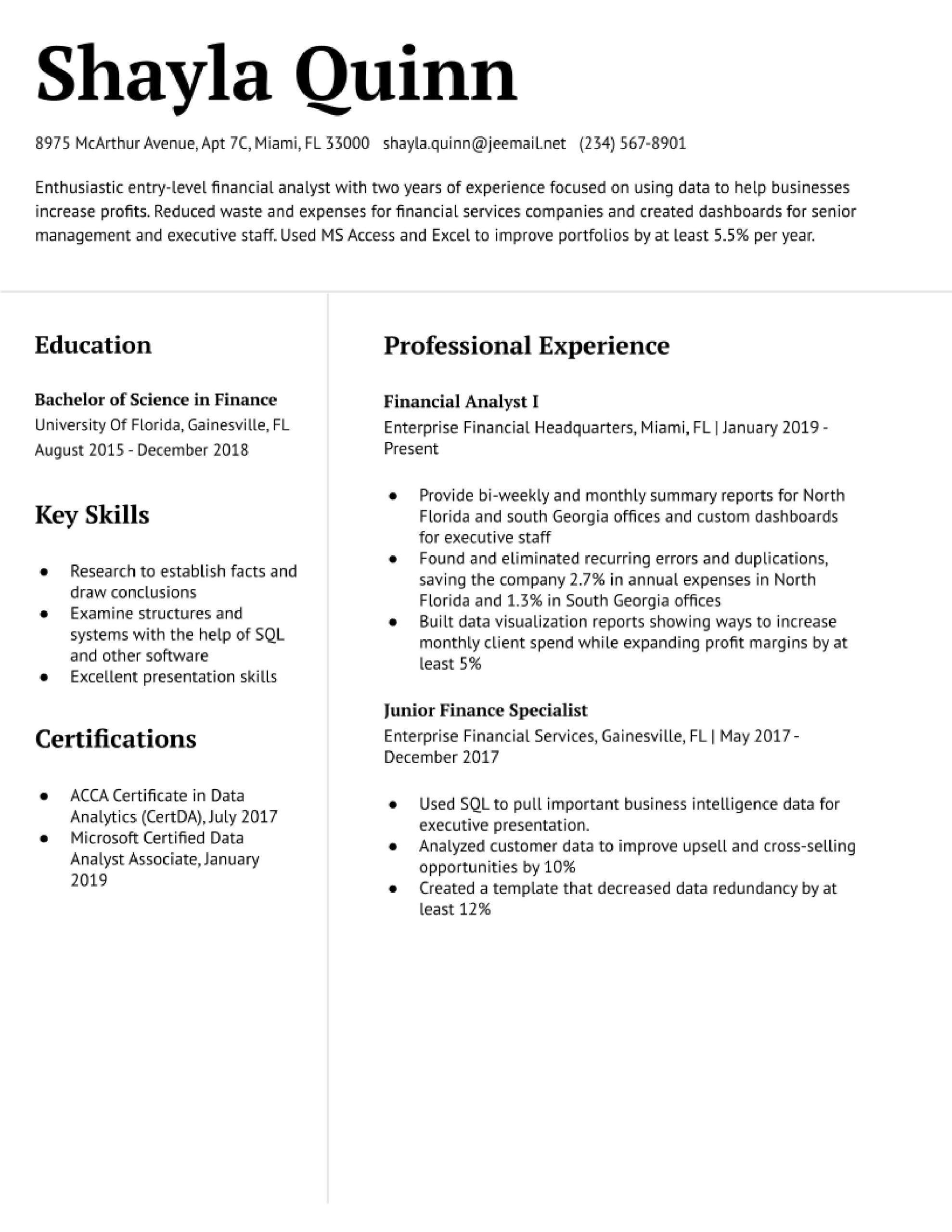 Sample Resume Financial Analyst Entry Level Financial Analyst Resume Examples In 2022 – Resumebuilder.com