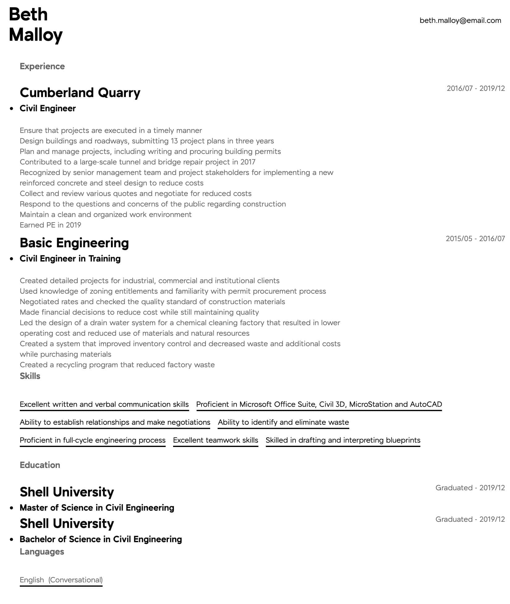 Sample Resume for Civil Engineering Student Civil Engineer Resume Samples All Experience Levels Resume.com …