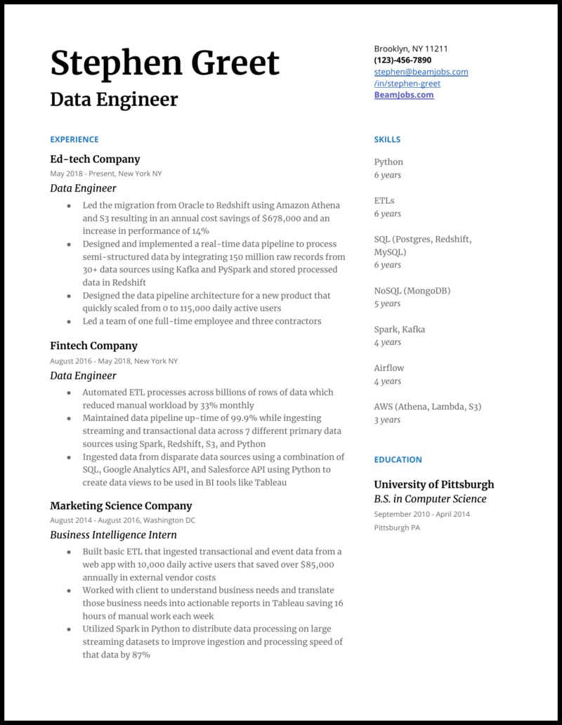 Sample Resume for Data Engineer Azure Databricks How to Build the Perfect Data Engineer Resume â with Examples …