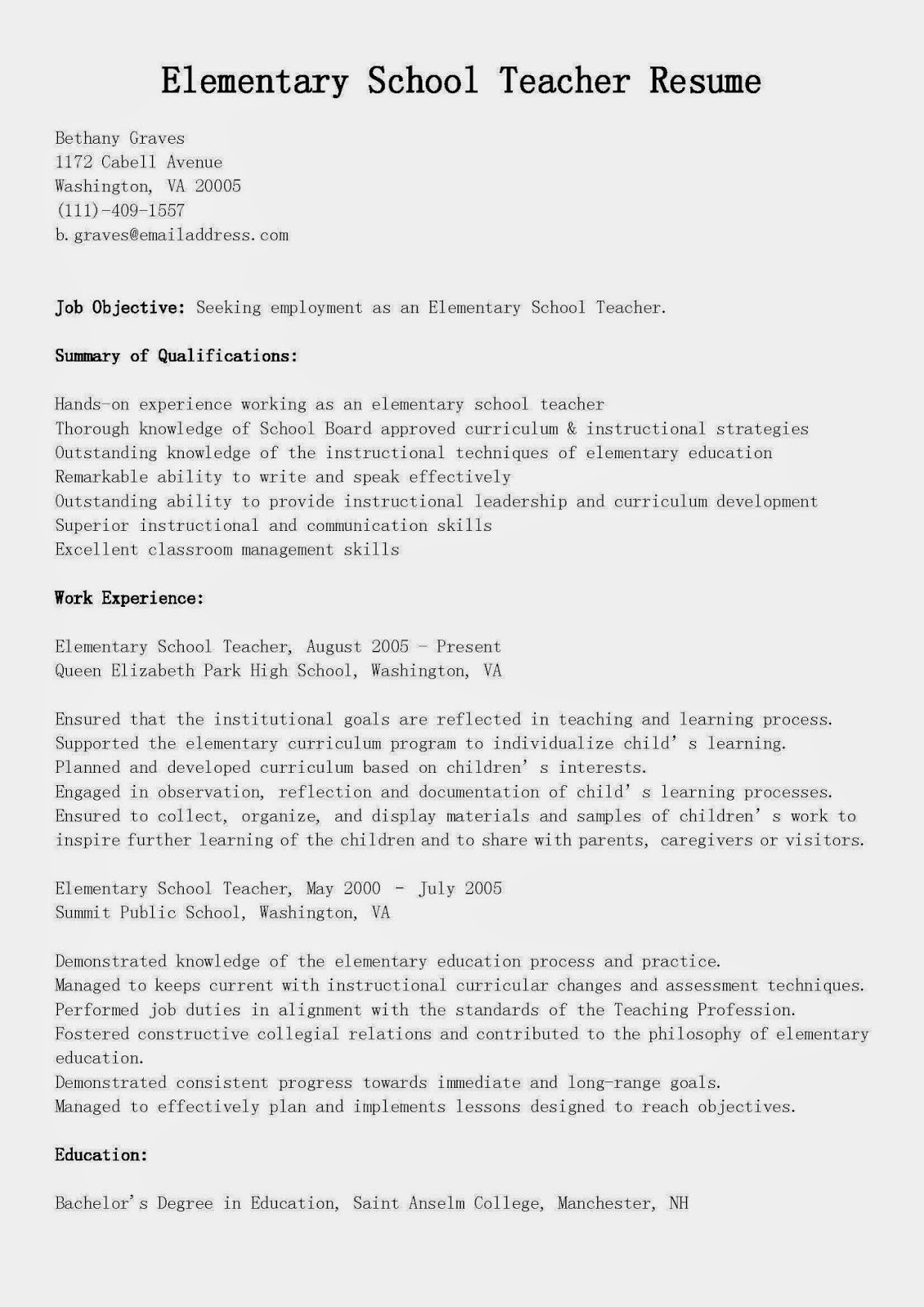 Sample Resume for Elementary Education Teacher Resume Samples Elementary School Teacher Resume Sample