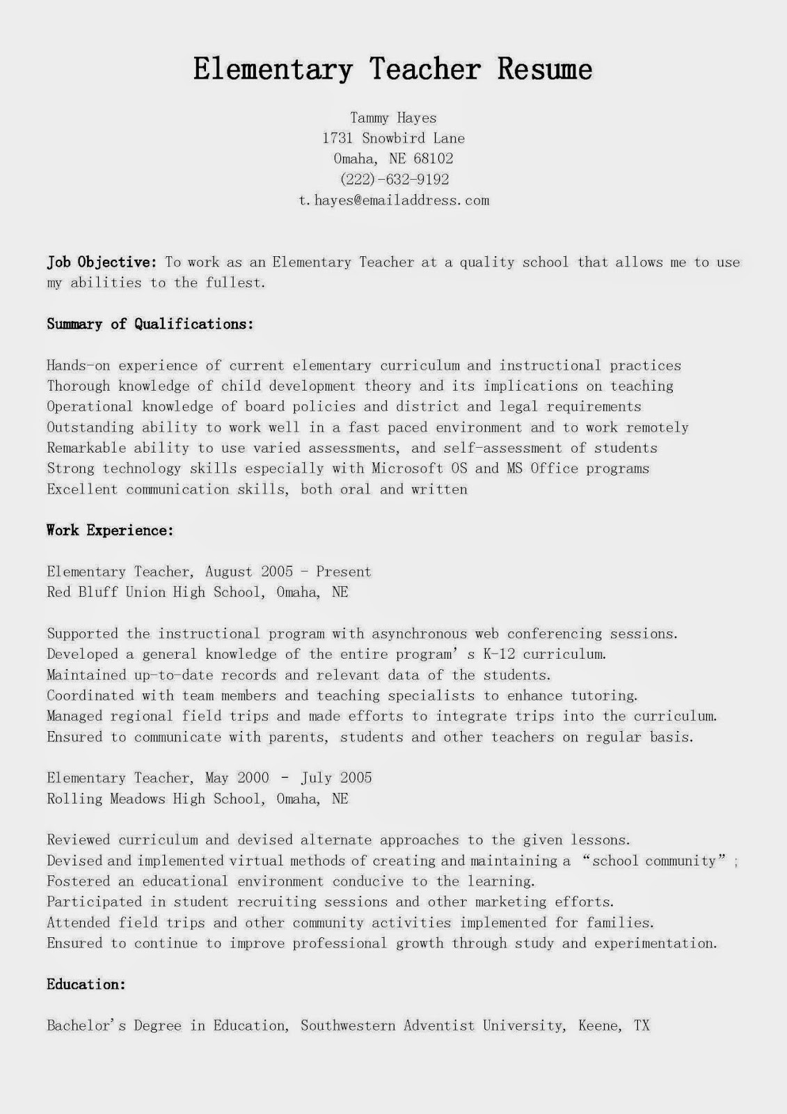 Sample Resume for Elementary Education Teacher Resume Samples Elementary Teacher Resume Sample