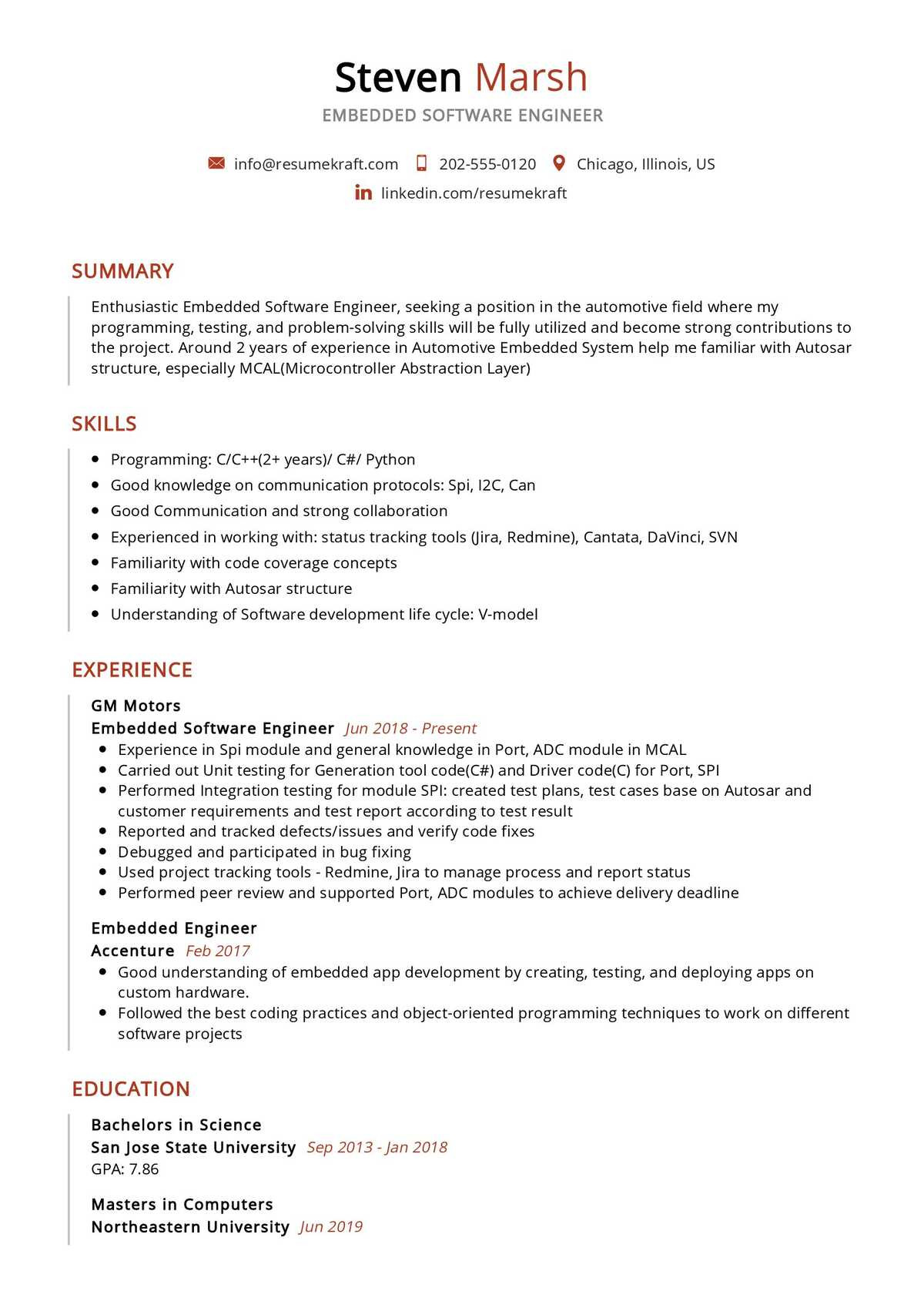 Sample Resume for Embedded software Engineer Experienced Embedded software Engineer Resume Sample Resumekraft