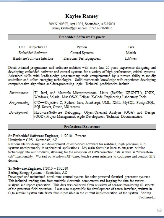 Sample Resume for Embedded software Engineer Experienced Embedded software Engineer Sample Resume format In Word