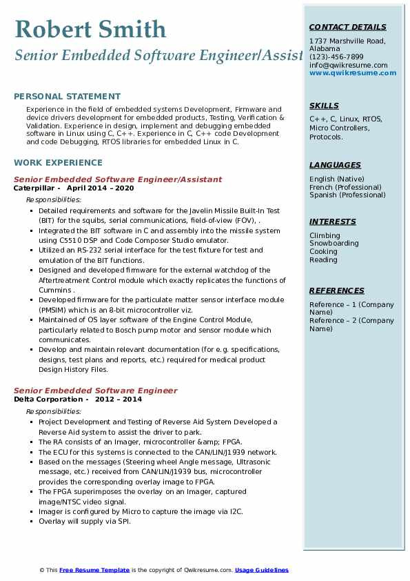 Sample Resume for Embedded software Engineer Experienced Senior Embedded software Engineer Resume Samples