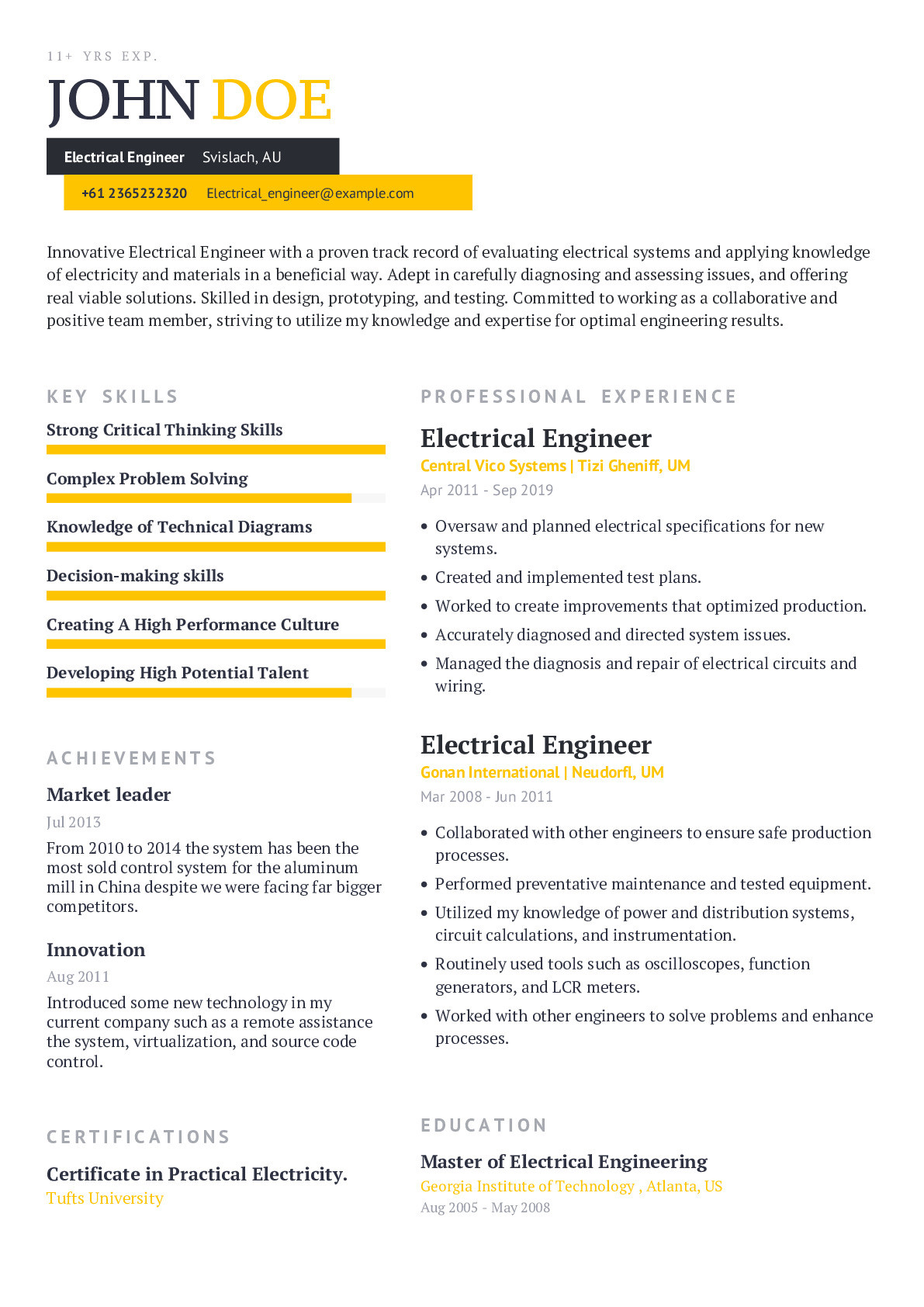 Sample Resume for Experienced Power Electronics Engineer Electrical Engineer Resume Example with Content Sample Craftmycv