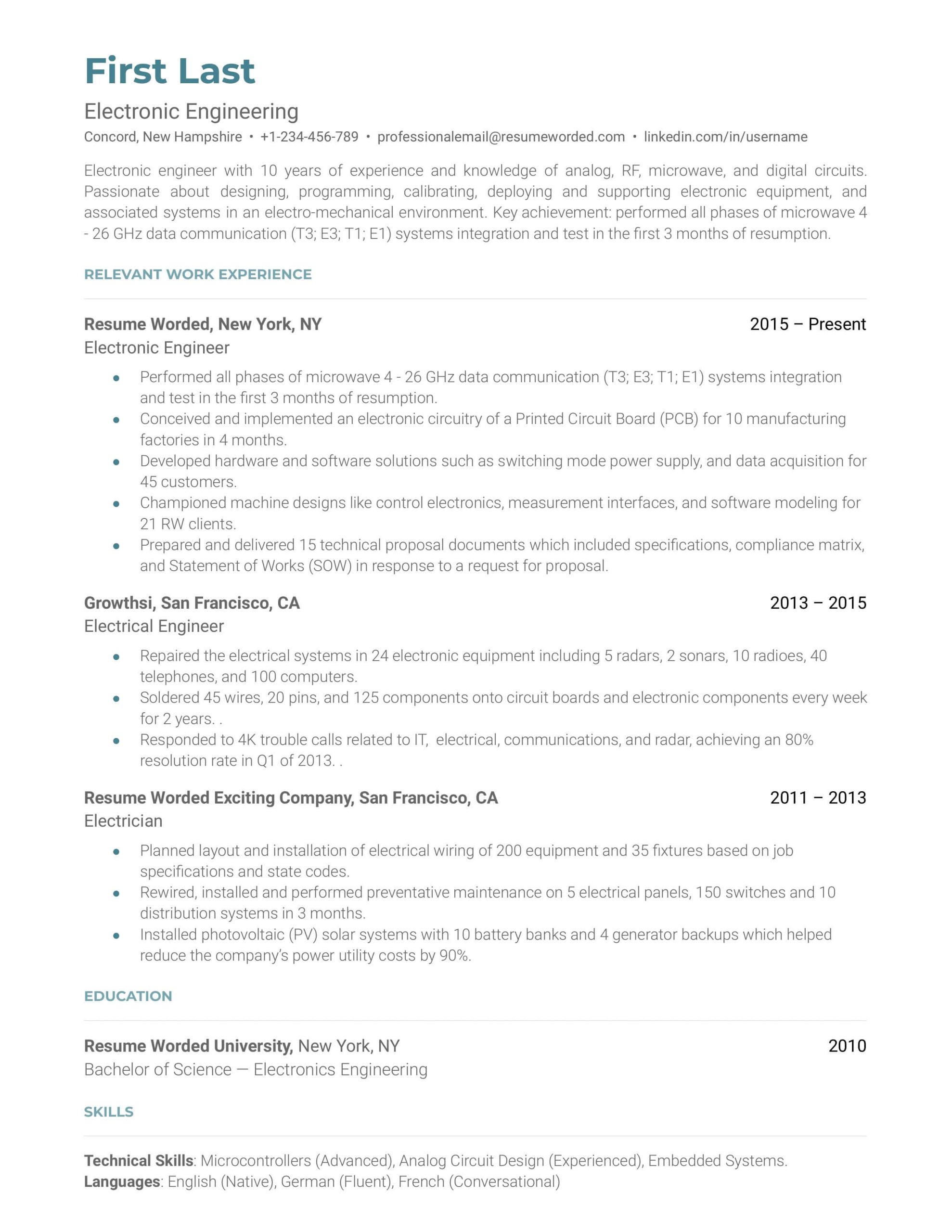 Sample Resume for Experienced Power Electronics Engineer Electronic Engineering Resume Example for 2022 Resume Worded