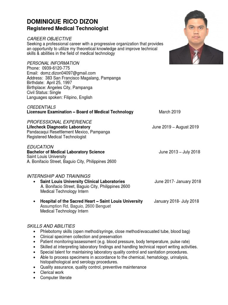 Sample Resume for Radiologic Technologist Philippines Dominique R. Dizon, Rmt-rÃ©sumÃ© Pdf Medical Laboratory Health …
