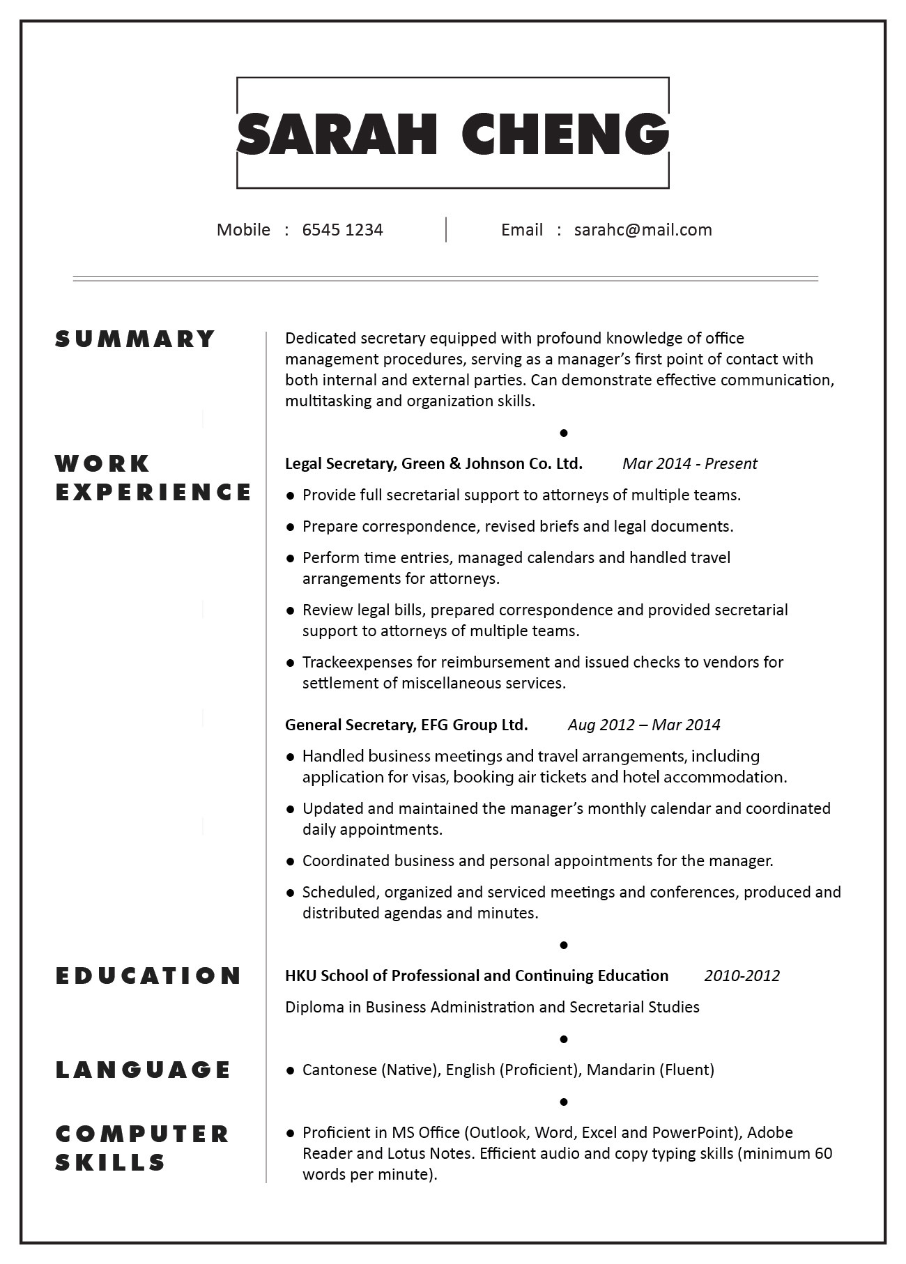 Sample Resume for Secretary Of the Company Cv & Profile Sample â Secretary Jobsdb Hong Kong