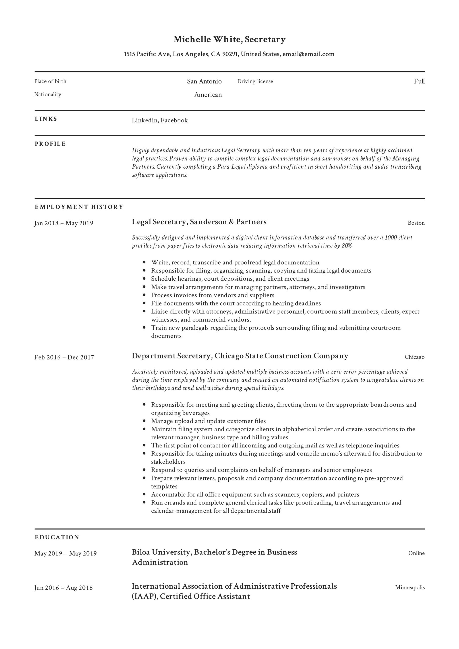 Sample Resume for Secretary Of the Company Departmental Secretary Cv September 2021