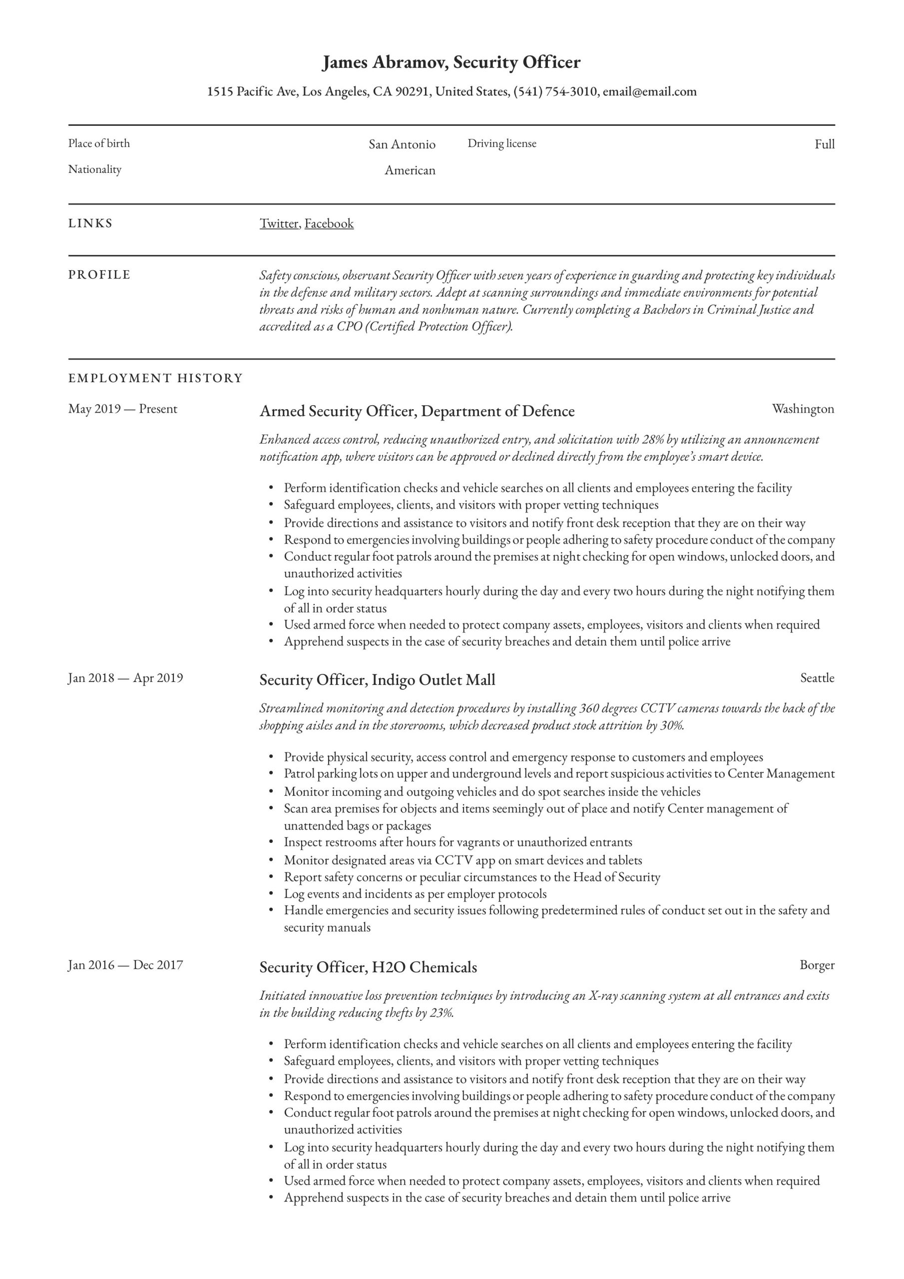 Sample Resume Of Night Security Guard Security Officer Resume & Writing Guide  12 Resume Examples 2020